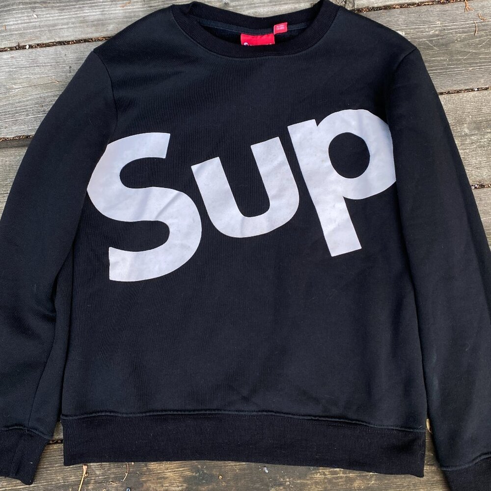 FW13 Supreme Sup Logo Crewneck Sweater Black Box Logo Large